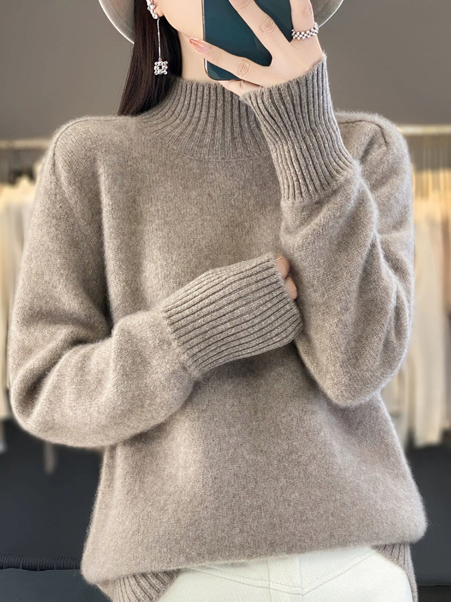 Women Autumn Pure Color 100%Wool Half-Turtleneck Sweater