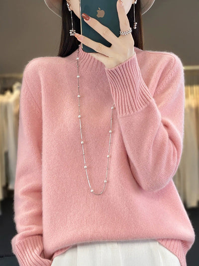 Women Autumn Pure Color 100%Wool Half-Turtleneck Sweater