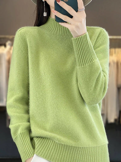 Women Autumn Pure Color 100%Wool Half-Turtleneck Sweater