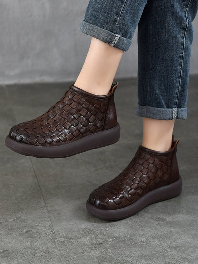 Women Retro Genuine Leather Weave Ankle Boots