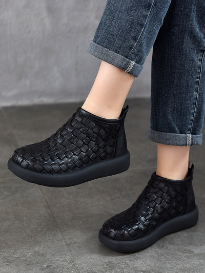 Women Retro Genuine Leather Weave Ankle Boots