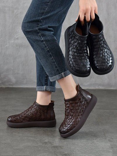 Women Retro Genuine Leather Weave Ankle Boots