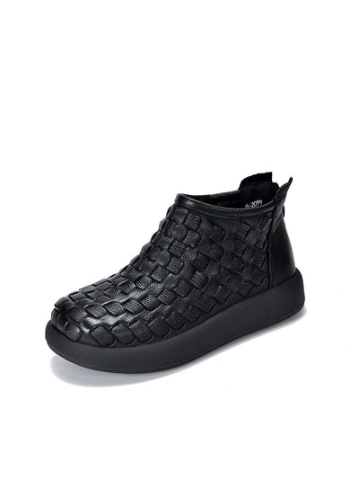 Women Retro Genuine Leather Weave Ankle Boots
