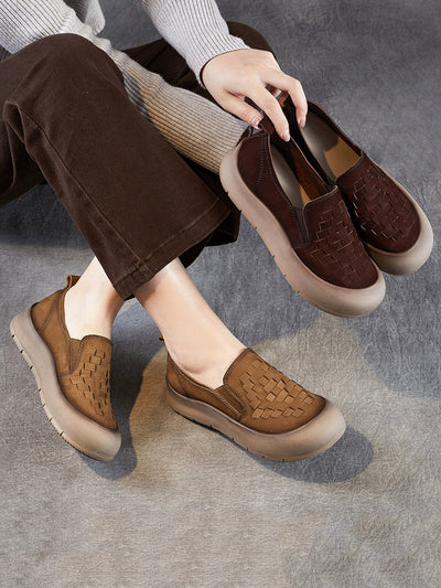 Women Vintage Soft Leather Weave Flat Shoes