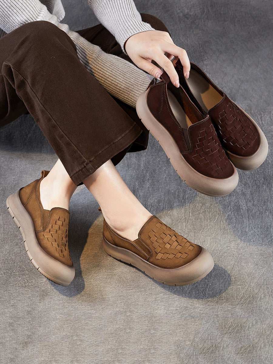 Women Vintage Soft Leather Weave Flat Shoes