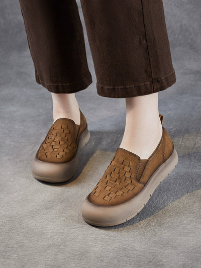 Women Vintage Soft Leather Weave Flat Shoes