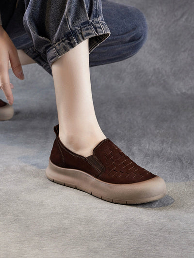 Women Vintage Soft Leather Weave Flat Shoes