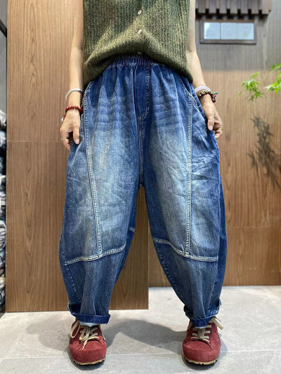 Women Autumn Pure Color Denim Spliced Harem Pants