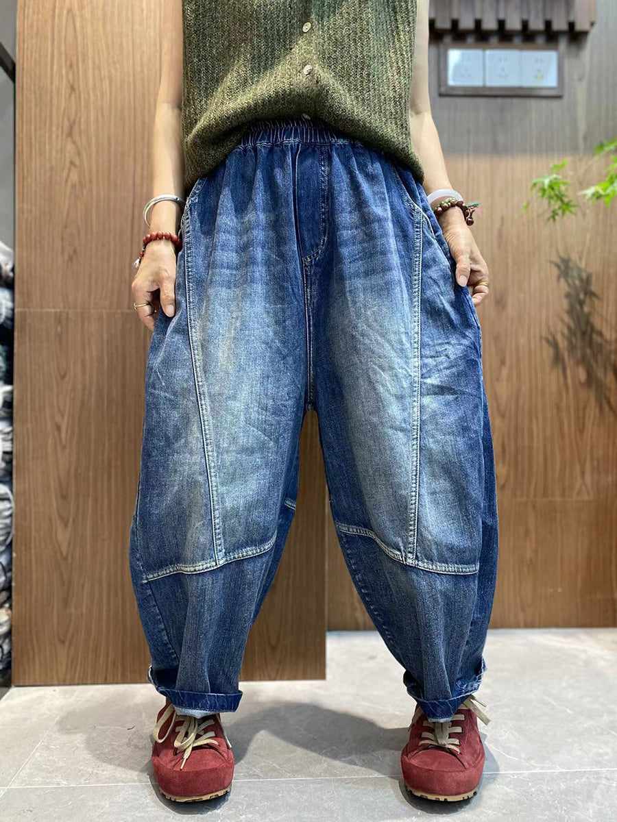 Women Autumn Pure Color Denim Spliced Harem Pants