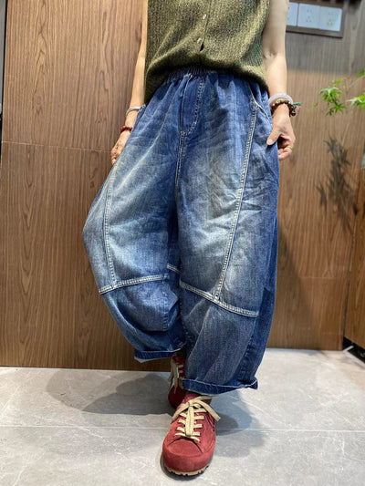 Women Autumn Pure Color Denim Spliced Harem Pants