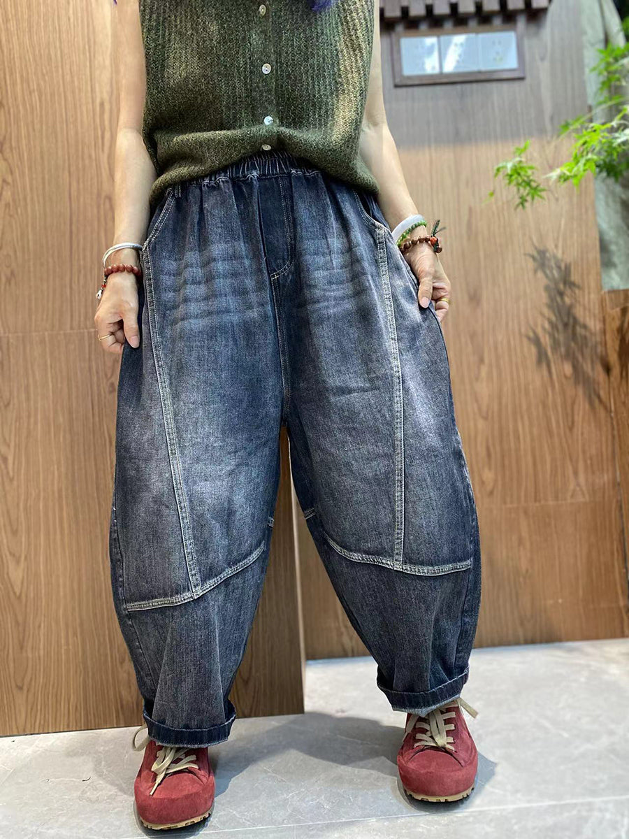 Women Autumn Pure Color Denim Spliced Harem Pants