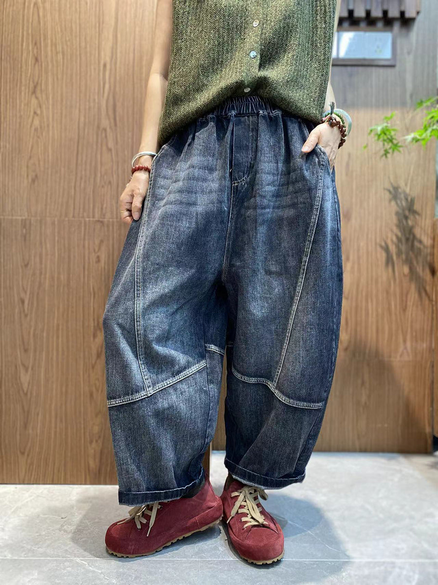 Women Autumn Pure Color Denim Spliced Harem Pants