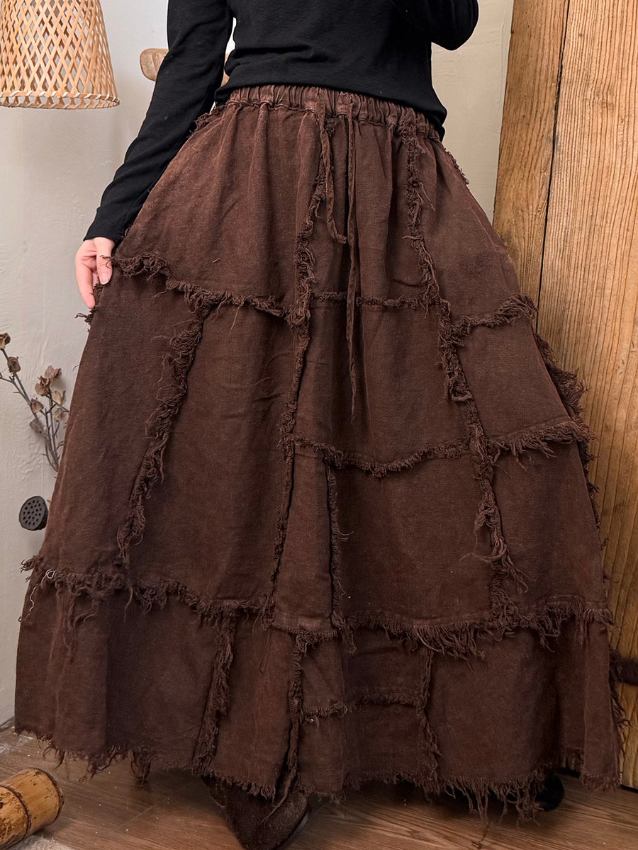 Women Autumn Retro Pure Color Spliced Linen Skirt