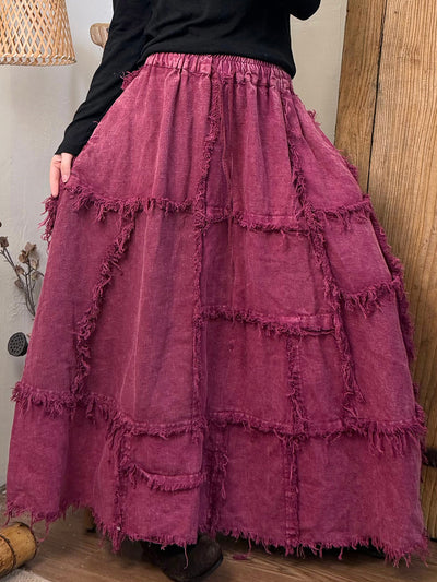 Women Autumn Retro Pure Color Spliced Linen Skirt