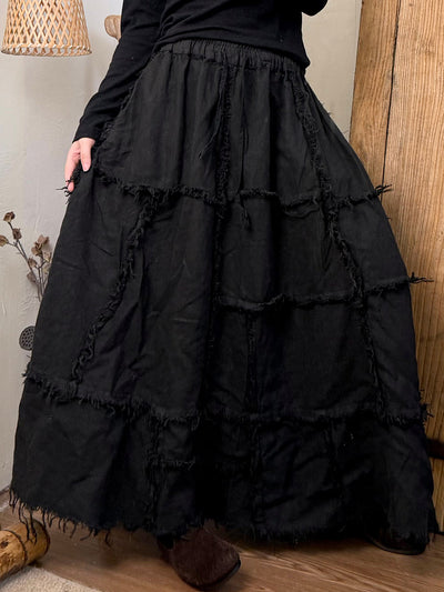 Women Autumn Retro Pure Color Spliced Linen Skirt