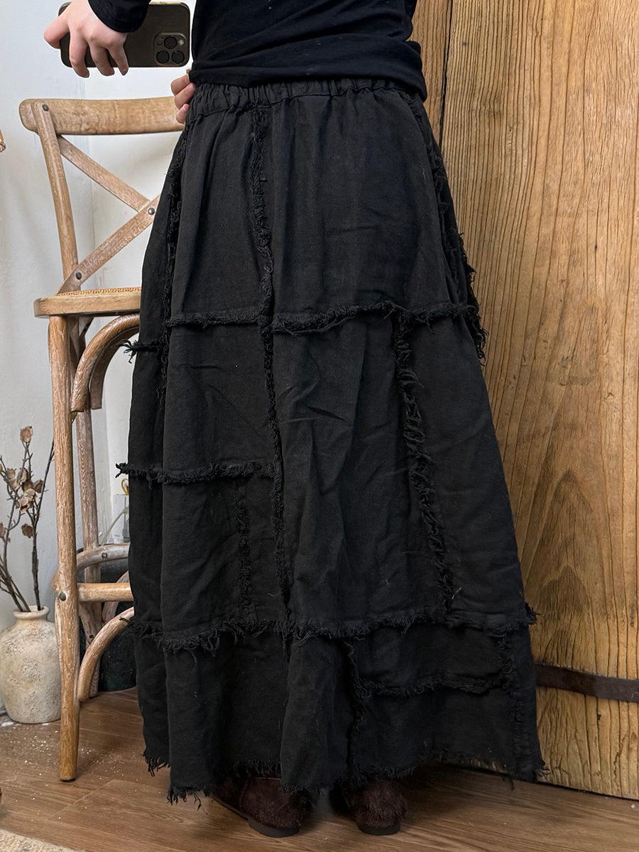 Women Autumn Retro Pure Color Spliced Linen Skirt