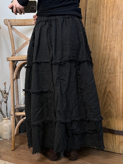 Women Autumn Retro Pure Color Spliced Linen Skirt