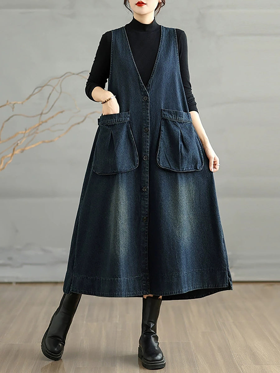 Women Autumn Retro Pure Color Denim V-Neck Vest Dress