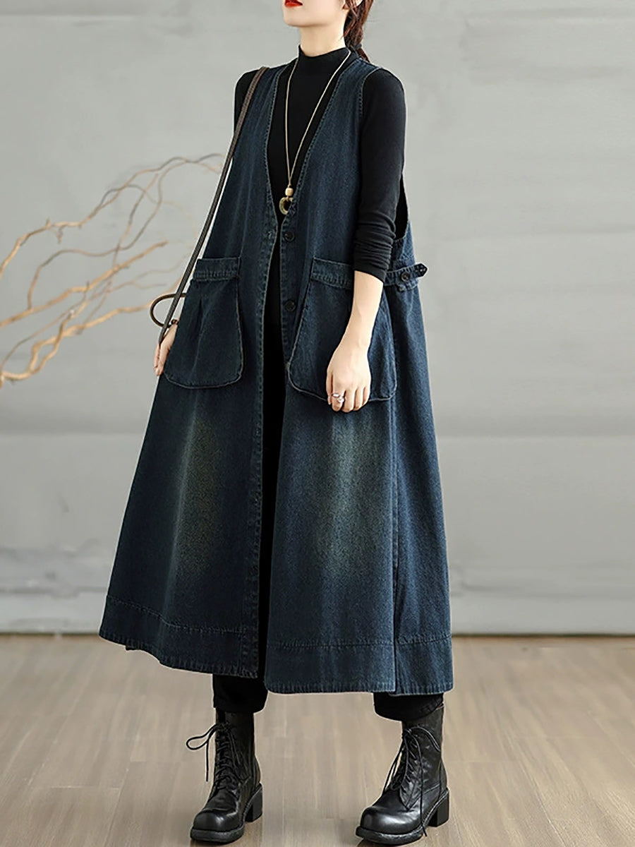 Women Autumn Retro Pure Color Denim V-Neck Vest Dress
