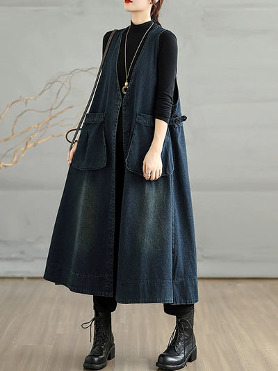 Women Autumn Retro Pure Color Denim V-Neck Vest Dress