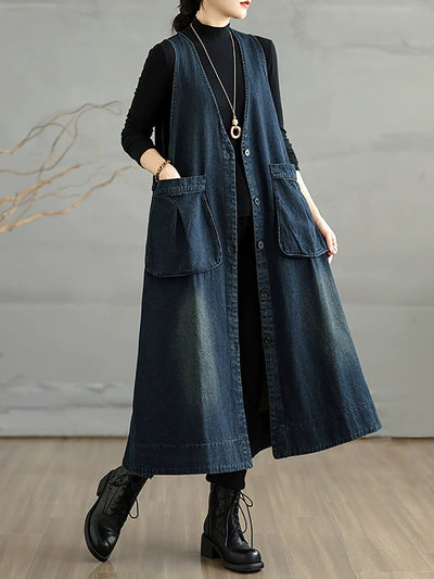 Women Autumn Retro Pure Color Denim V-Neck Vest Dress