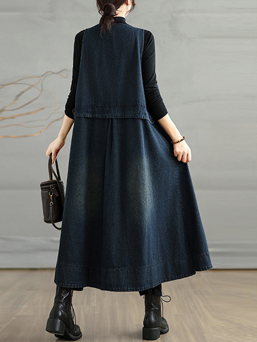 Women Autumn Retro Pure Color Denim V-Neck Vest Dress
