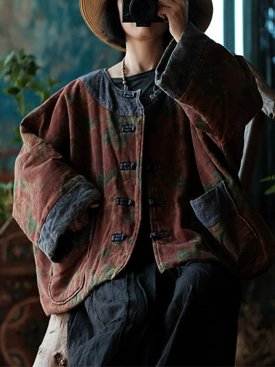 Women Ethnic Autumn Flower Patch O-Neck Cotton Coat