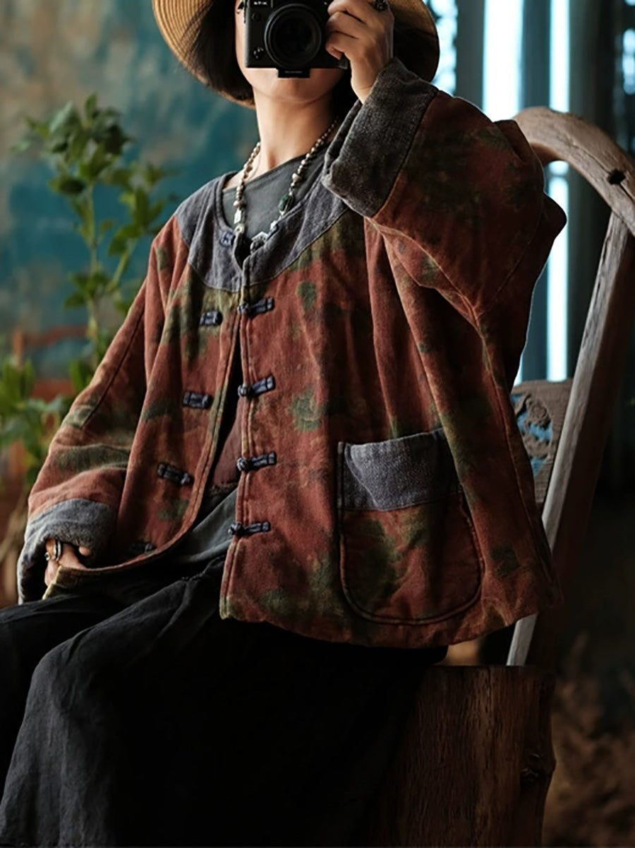 Women Ethnic Autumn Flower Patch O-Neck Cotton Coat