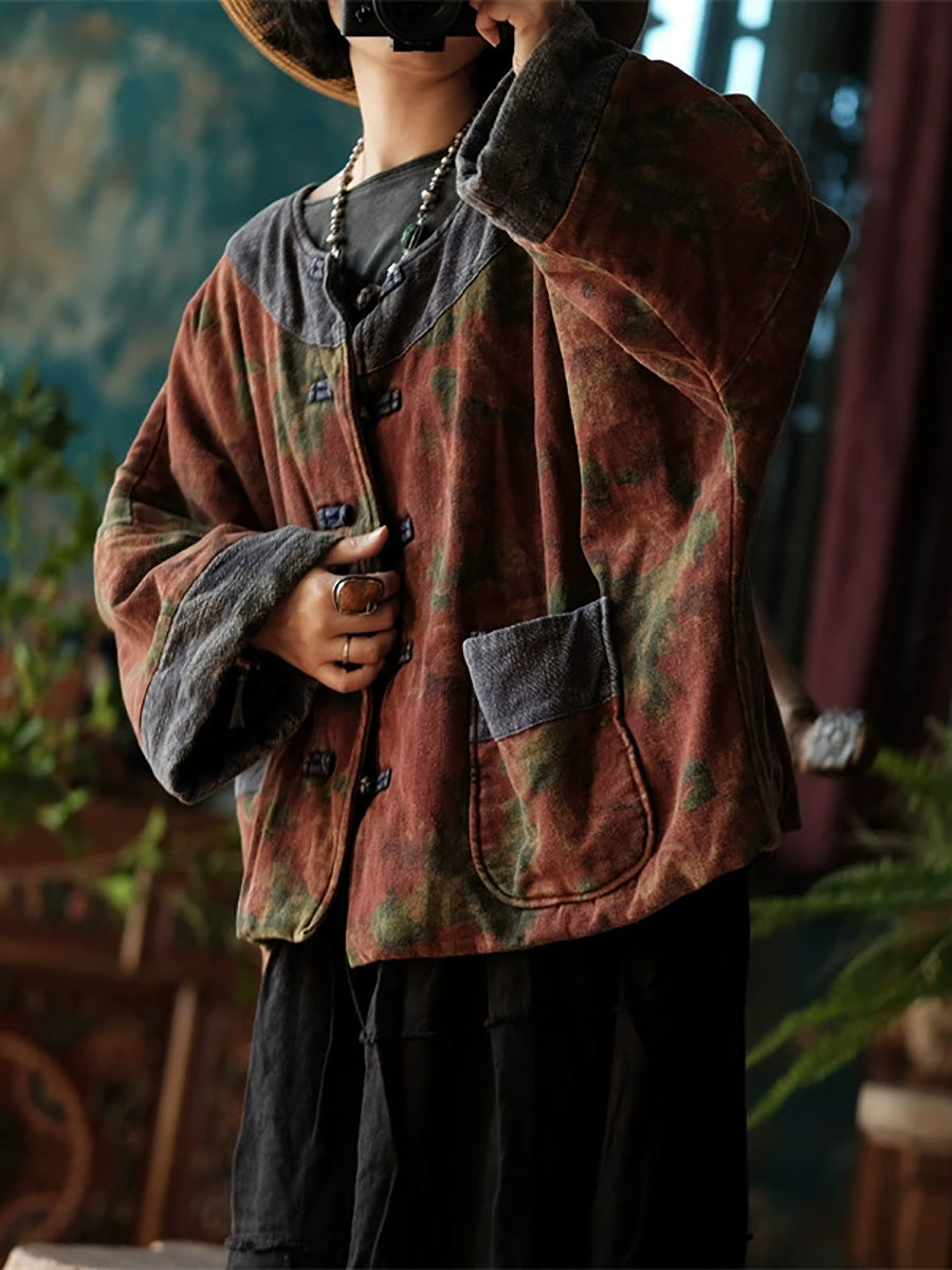 Women Ethnic Autumn Flower Patch O-Neck Cotton Coat