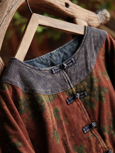 Women Ethnic Autumn Flower Patch O-Neck Cotton Coat