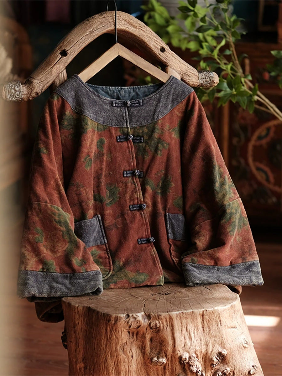 Women Ethnic Autumn Flower Patch O-Neck Cotton Coat