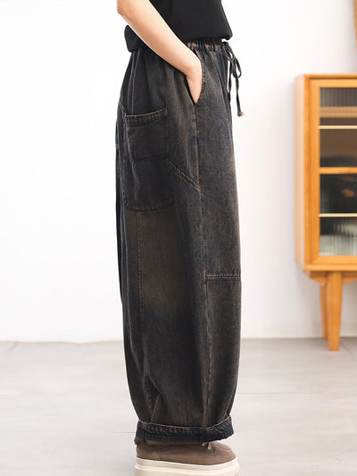Women Autumn Retro Pure Color Denim Spliced Harem Pants