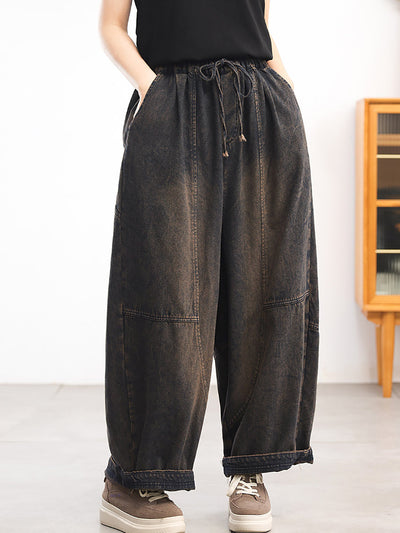 Women Autumn Retro Pure Color Denim Spliced Harem Pants