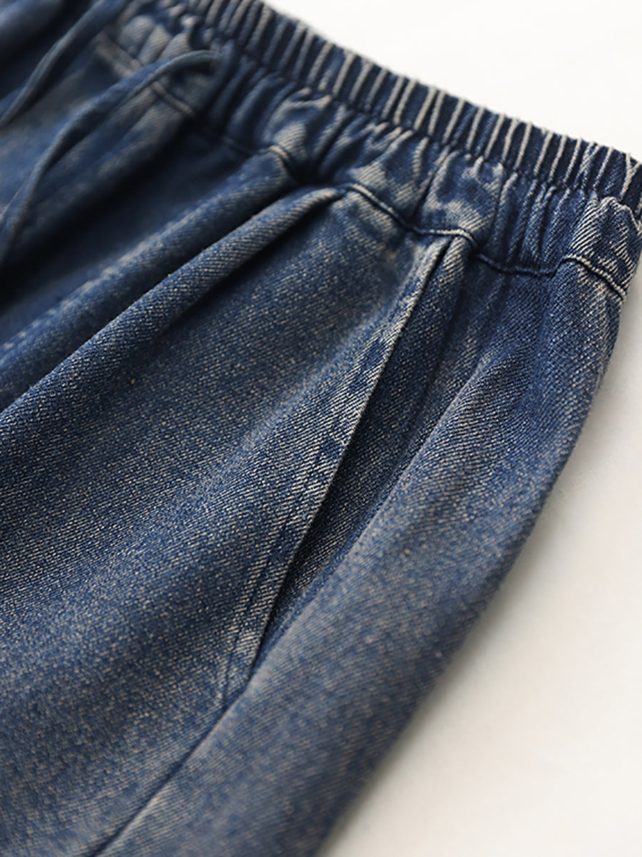 Women Autumn Retro Pure Color Denim Spliced Harem Pants