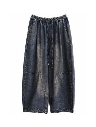 Women Autumn Retro Pure Color Denim Spliced Harem Pants