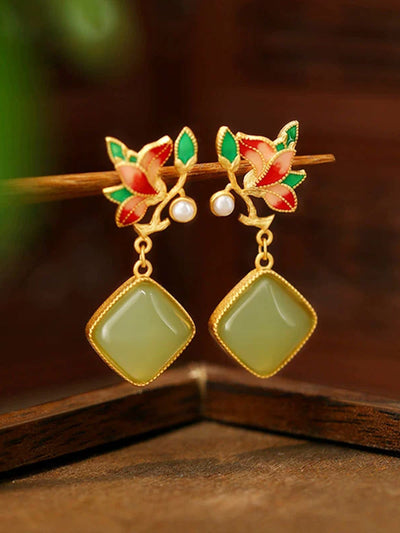 Women Vintage Flower Enamel S925Silver Jade Earrings