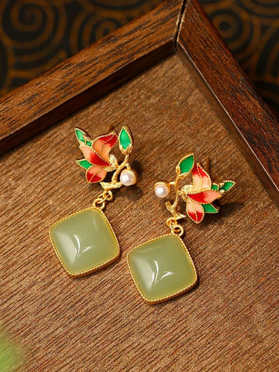Women Vintage Flower Enamel S925Silver Jade Earrings
