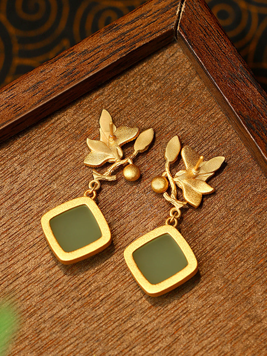 Women Vintage Flower Enamel S925Silver Jade Earrings