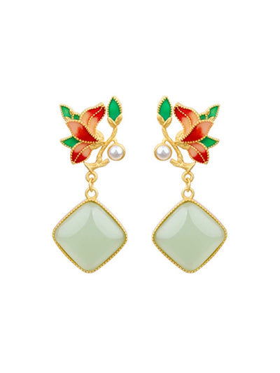 Women Vintage Flower Enamel S925Silver Jade Earrings