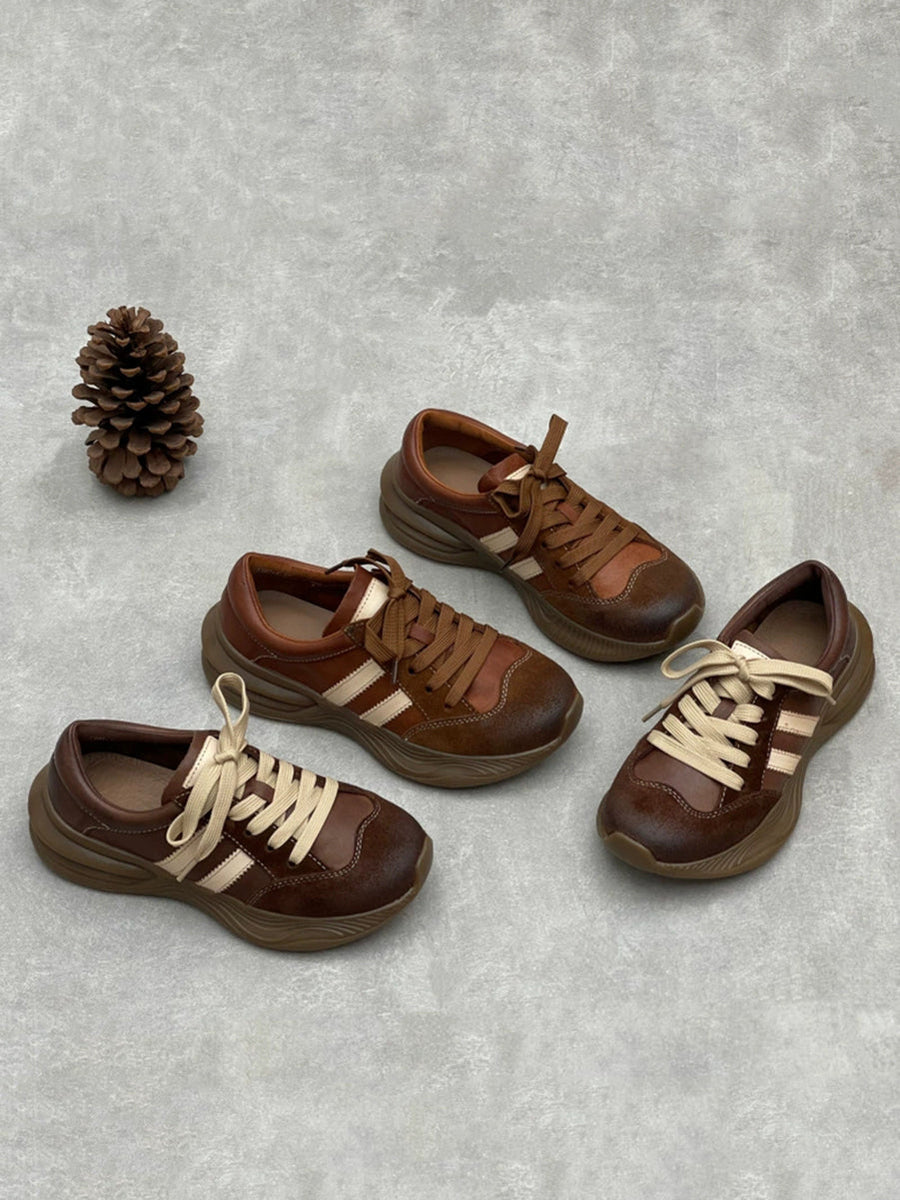 Women Vintage Colorblock Genuine Leather Sport Shoes