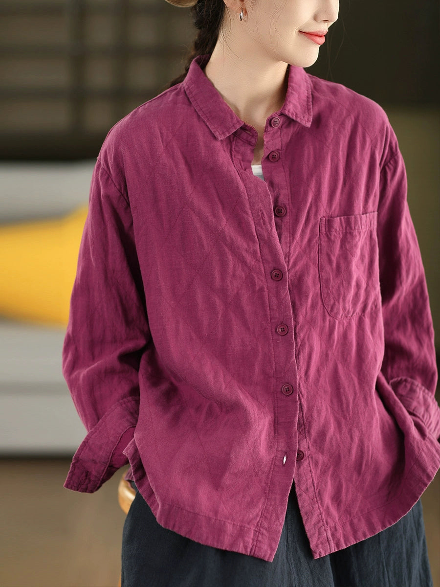Women Autumn Pure Color 100%Linen Turn-down Collar Shirt