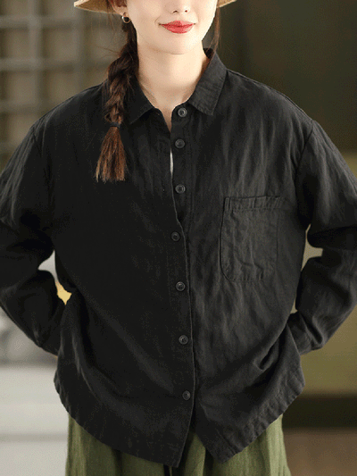 Women Autumn Pure Color 100%Linen Turn-down Collar Shirt