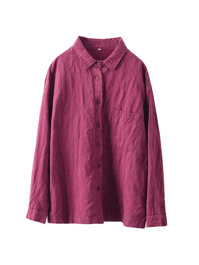 Women Autumn Pure Color 100%Linen Turn-down Collar Shirt