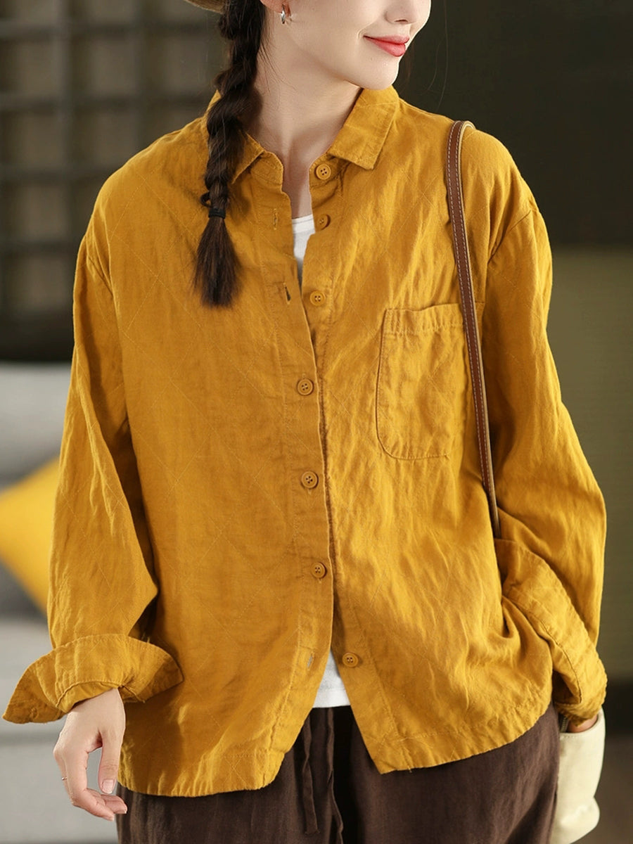 Women Autumn Pure Color 100%Linen Turn-down Collar Shirt