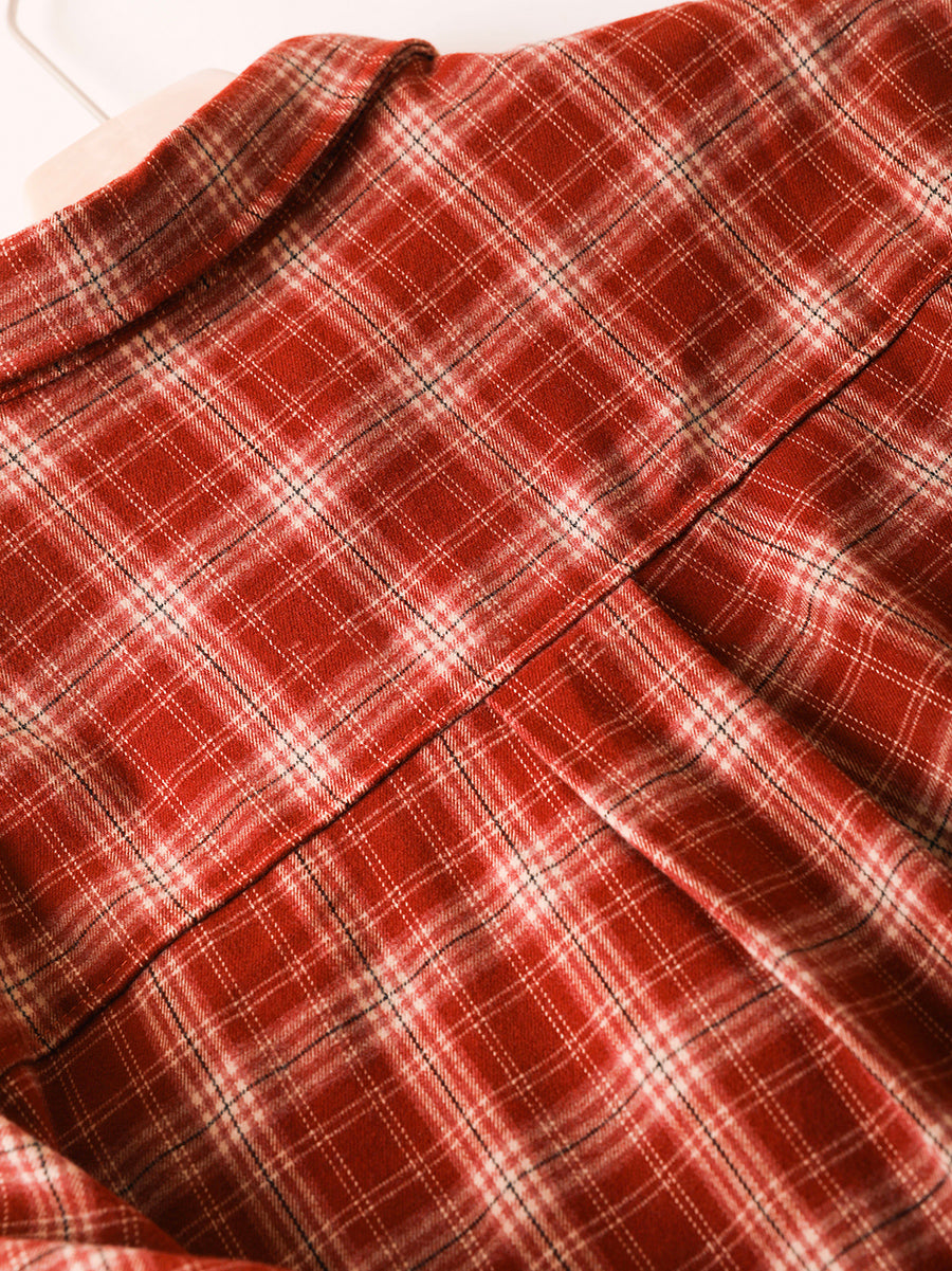 Women Autumn Artsy Plaid Turn-down Collar Shirt