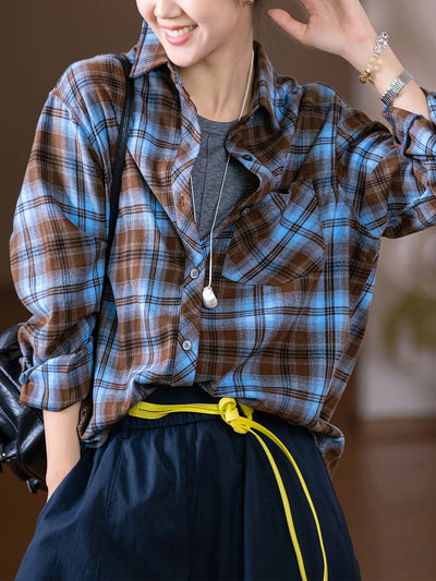 Women Autumn Artsy Plaid Turn-down Collar Shirt