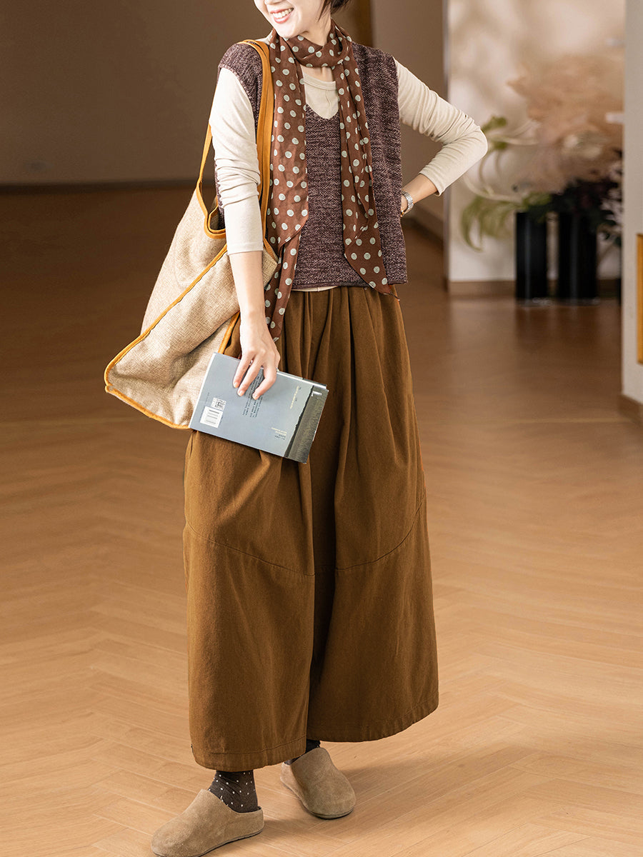 Women Autumn Casual Pure Color 100%Cotton Wide-leg Pants