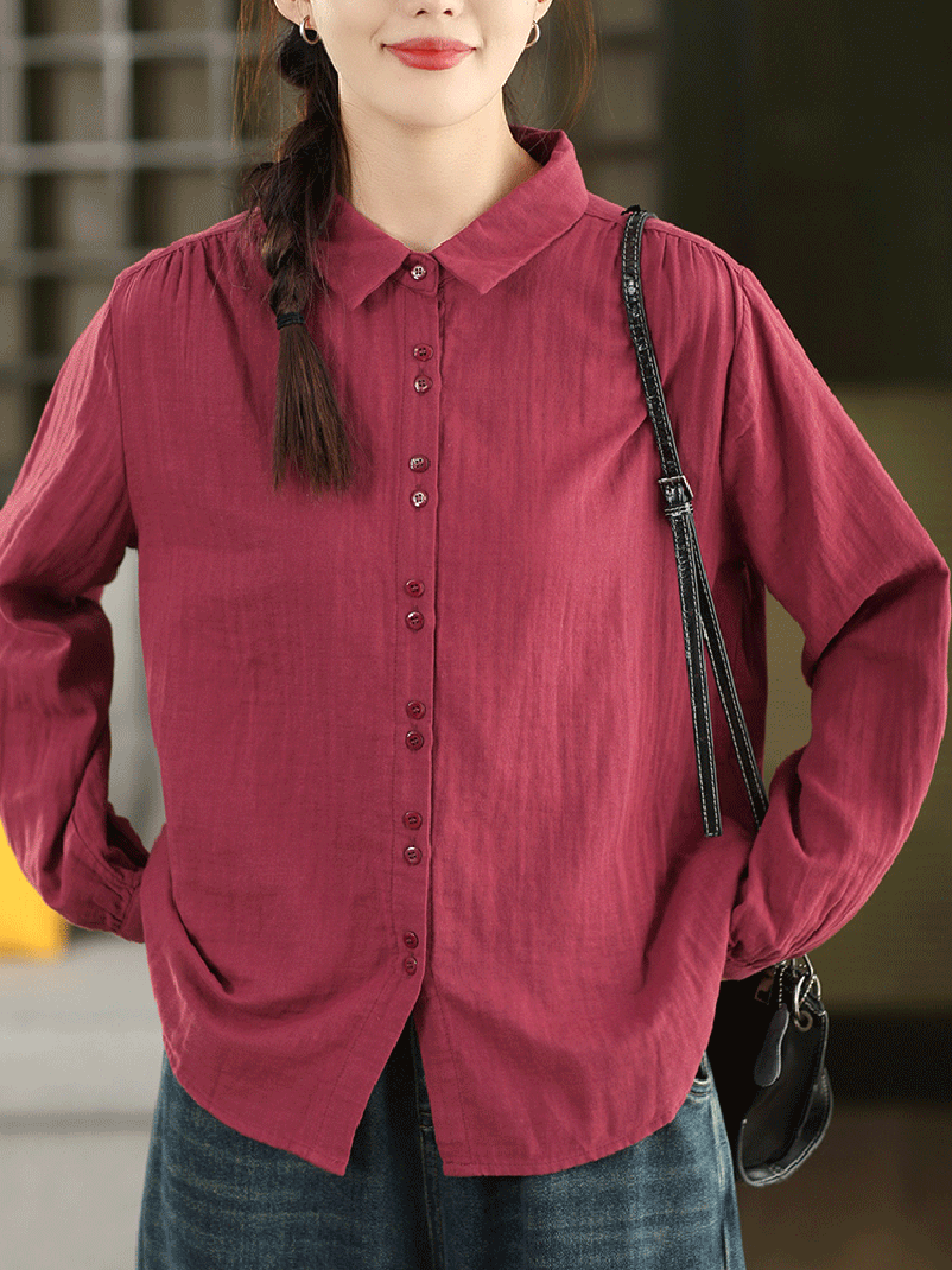 Women Autumn Artsy Pure Color 100%Cotton Shirt