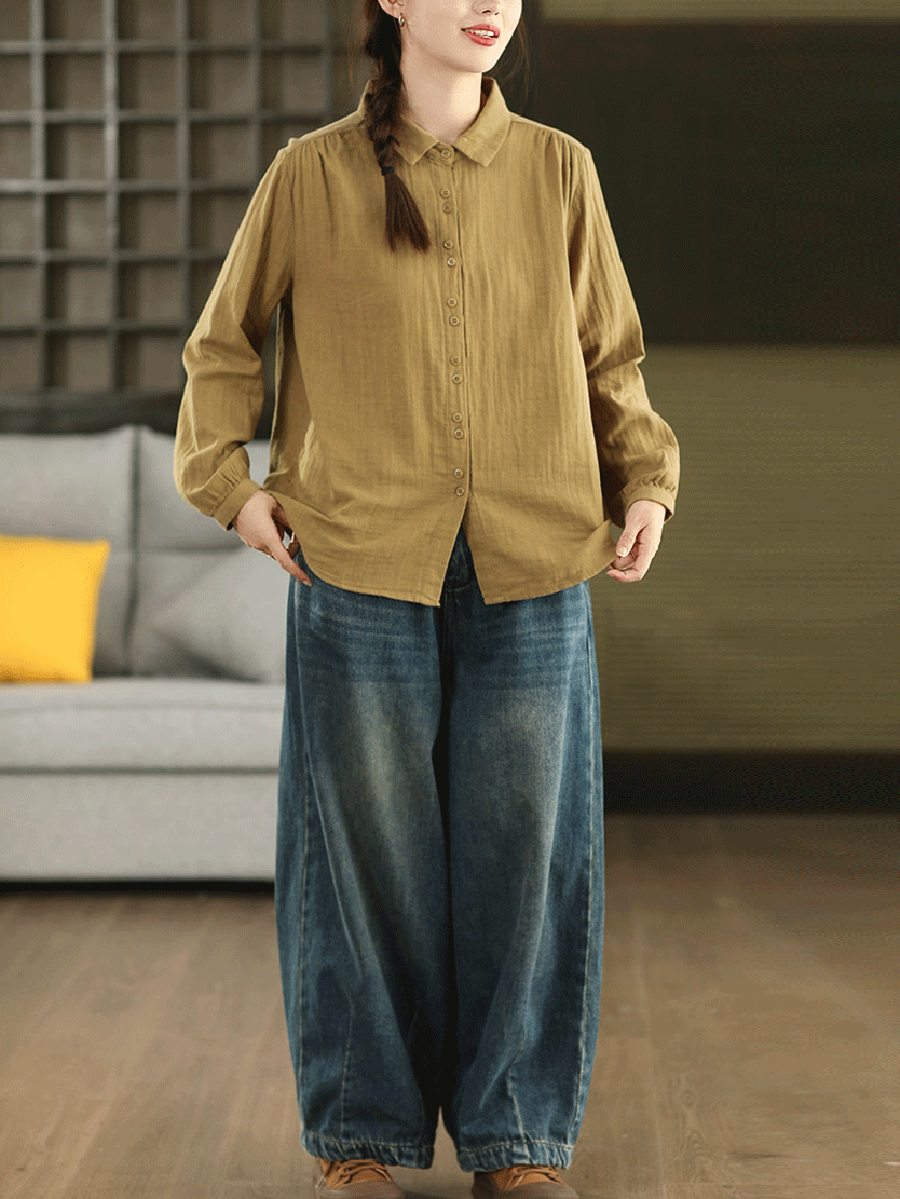 Women Autumn Artsy Pure Color 100%Cotton Shirt