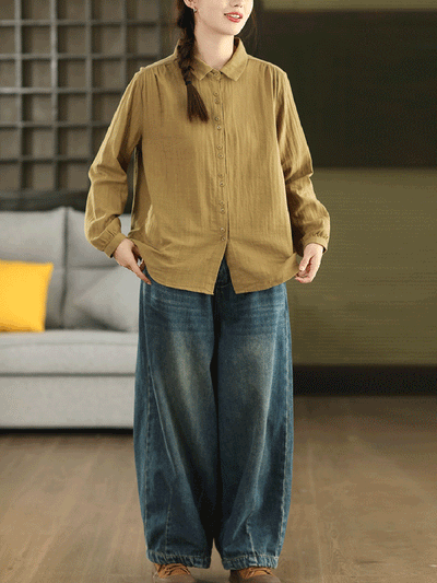 Women Autumn Artsy Pure Color 100%Cotton Shirt